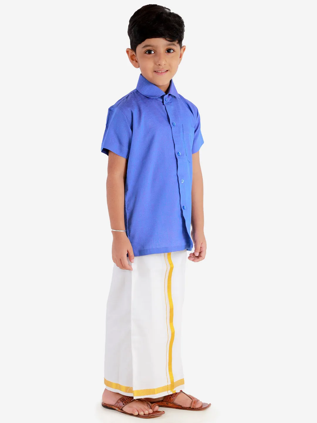 Vastramay Boys' Teal Blue Cotton Short Sleeves Ethnic Shirt Mundu Vesty Style Dhoti Pant Set