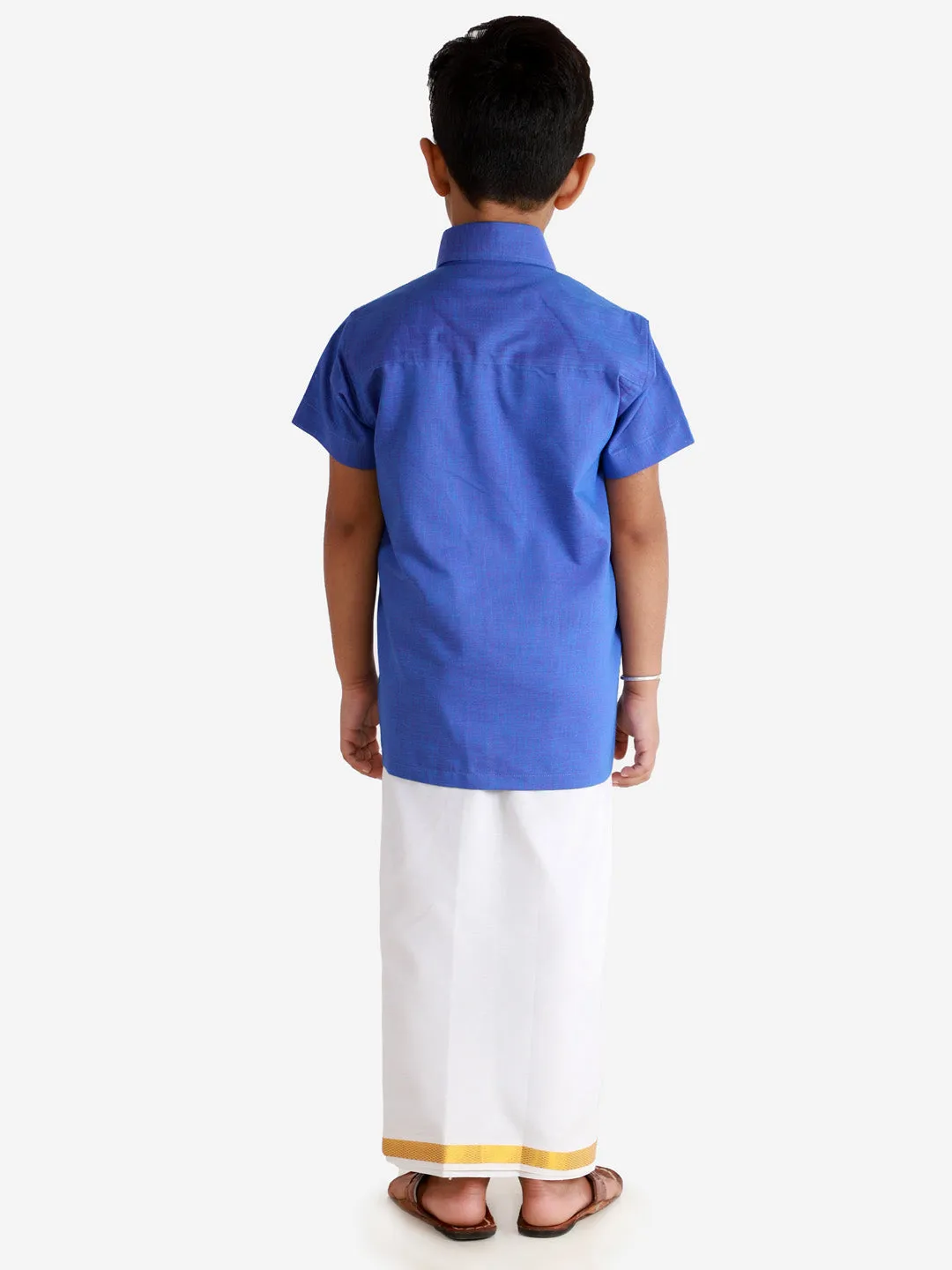 Vastramay Boys' Teal Blue Cotton Short Sleeves Ethnic Shirt Mundu Vesty Style Dhoti Pant Set