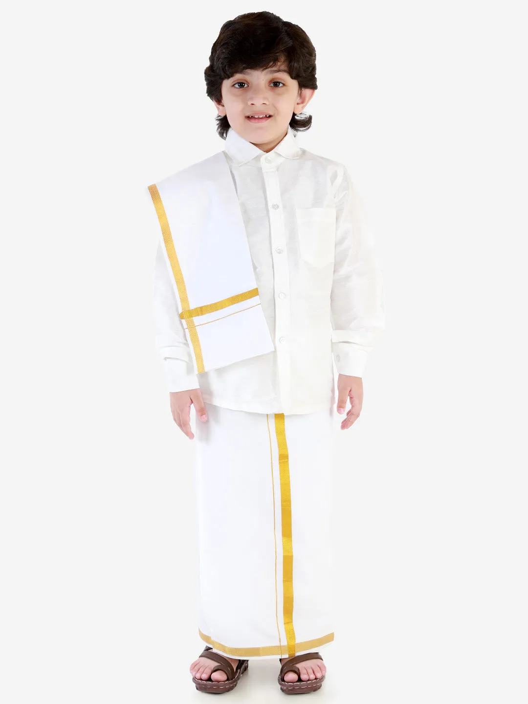 VASTRAMAY Boys' White Silk Long Sleeves Ethnic Shirt Mundu Vesty Style Dhoti Pant Set