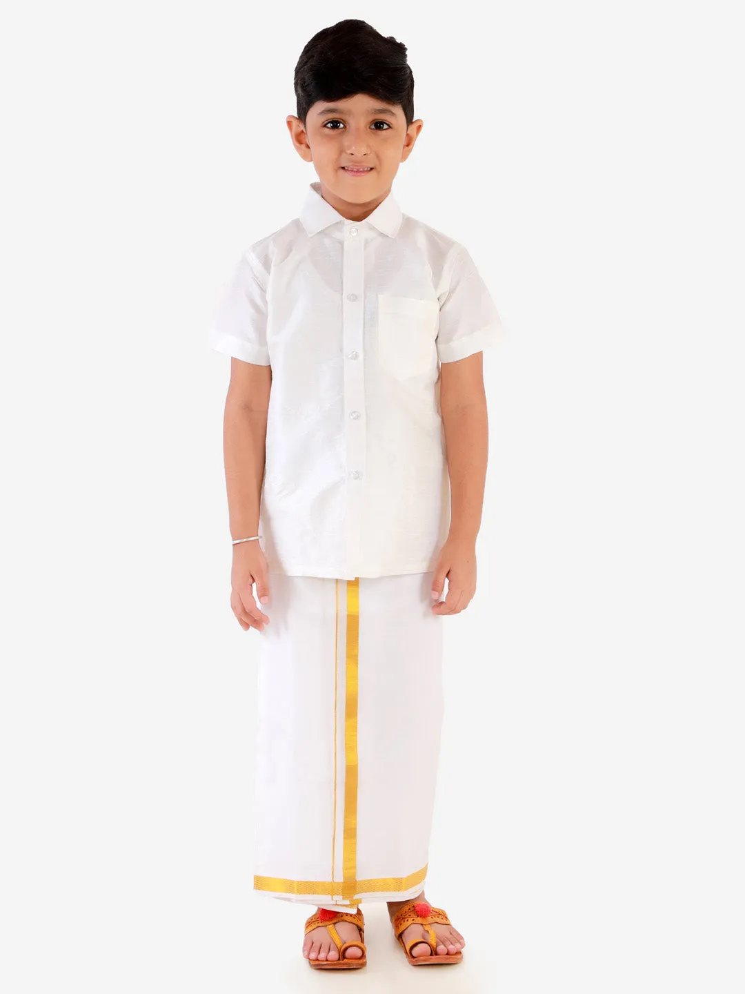 VASTRAMAY Boys' White Silk Short Sleeves Ethnic Shirt Mundu Vesty Style Dhoti Pant Set