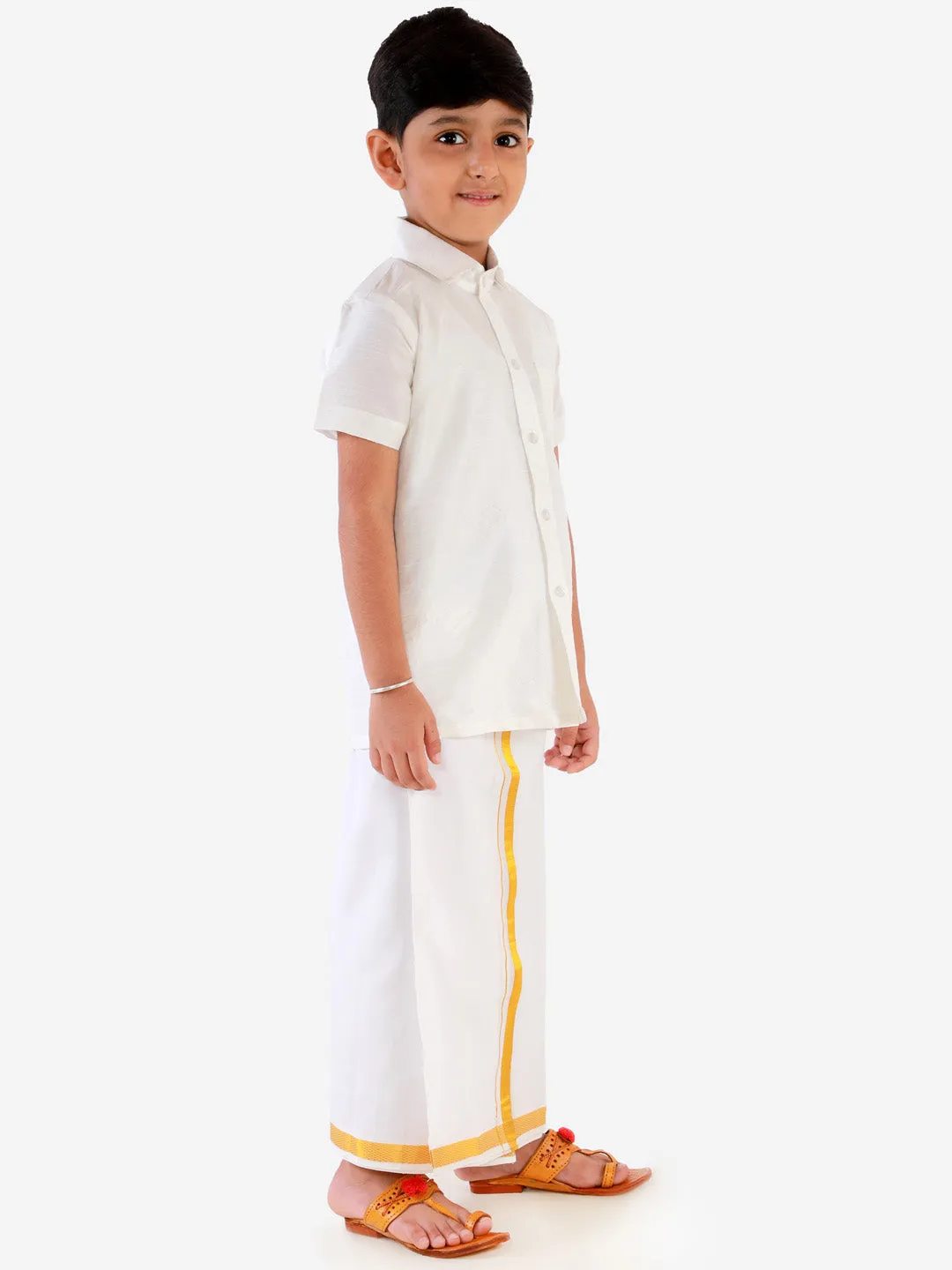 VASTRAMAY Boys' White Silk Short Sleeves Ethnic Shirt Mundu Vesty Style Dhoti Pant Set