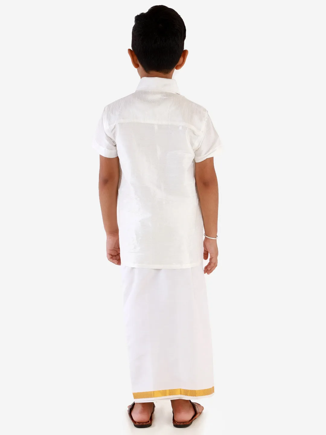 VASTRAMAY Boys' White Silk Short Sleeves Ethnic Shirt Mundu Vesty Style Dhoti Pant Set