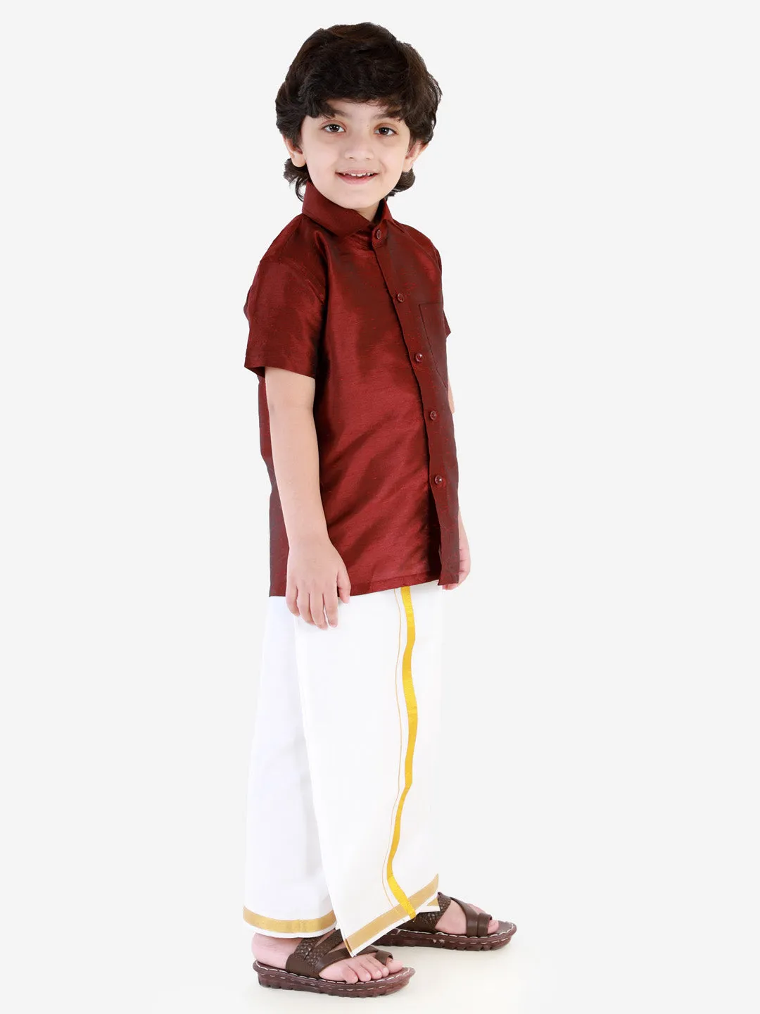 Vastramay Boys' Wine Silk Short Sleeves Ethnic Shirt Mundu Vesty Style Dhoti Pant Set