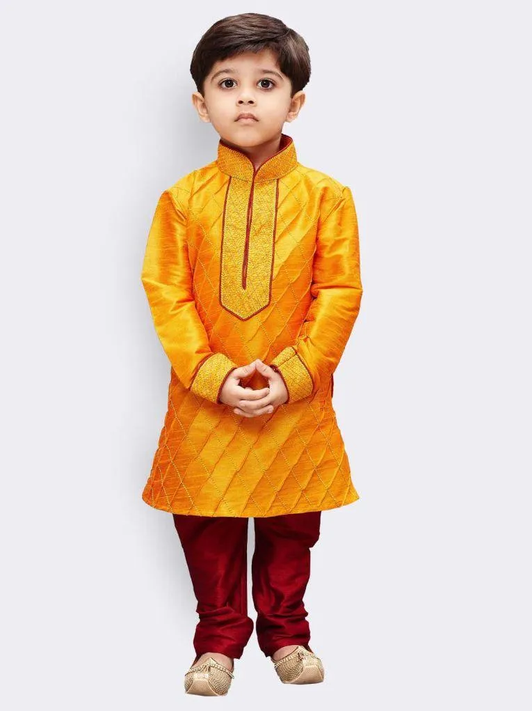 Vastramay Boys' Yellow Cotton Silk Kurta and Pyjama Set