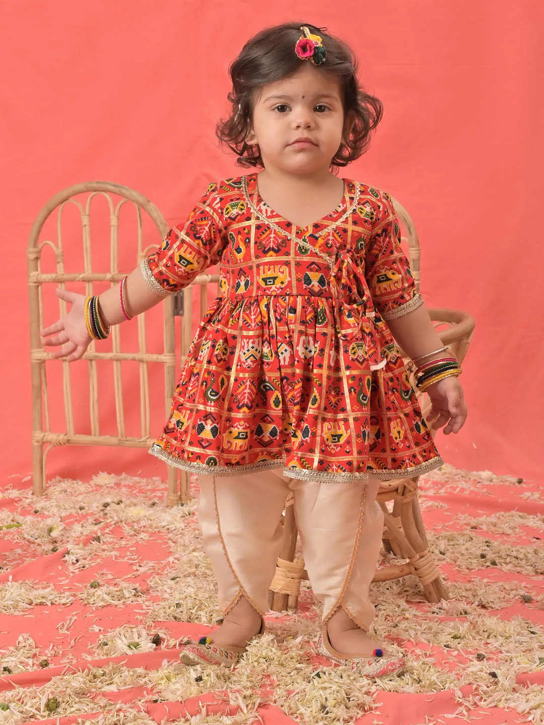 VASTRAMAY Girls Red Angrakha Style Patola Print Kurta Dhoti Set