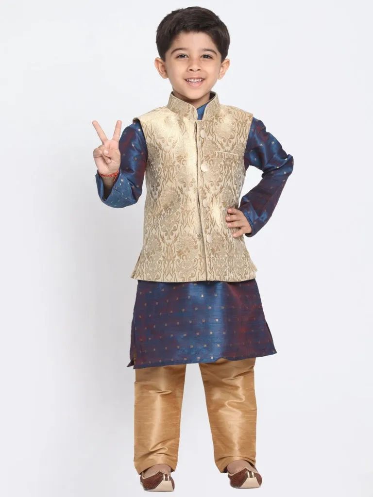 Vastramay Men & Boys Royal Blue Cotton Silk Nehru Jacket, Kutra Pyjama Set