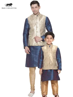 Vastramay Men & Boys Royal Blue Cotton Silk Nehru Jacket, Kutra Pyjama Set