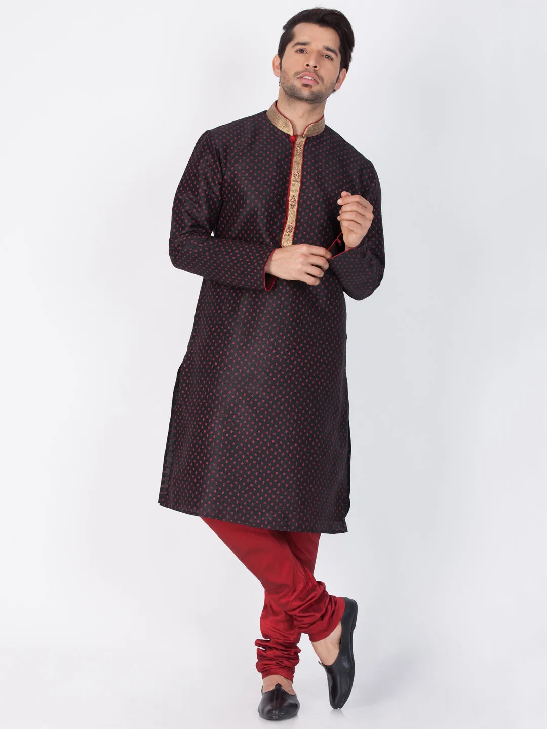 VASTRAMAY Men's Black Cotton Silk Blend Kurta and Pyjama Set