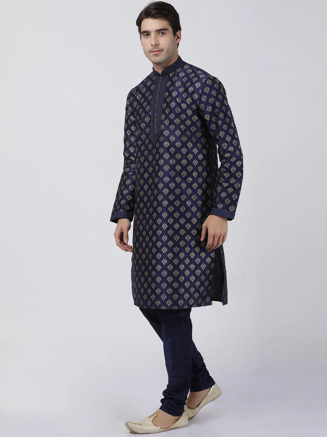 VASTRAMAY Men's Navy Blue Cotton Silk Blend Kurta and Churidar Set