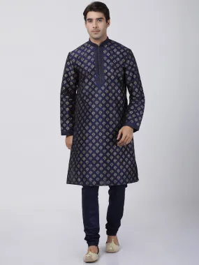 VASTRAMAY Men's Navy Blue Cotton Silk Blend Kurta and Churidar Set