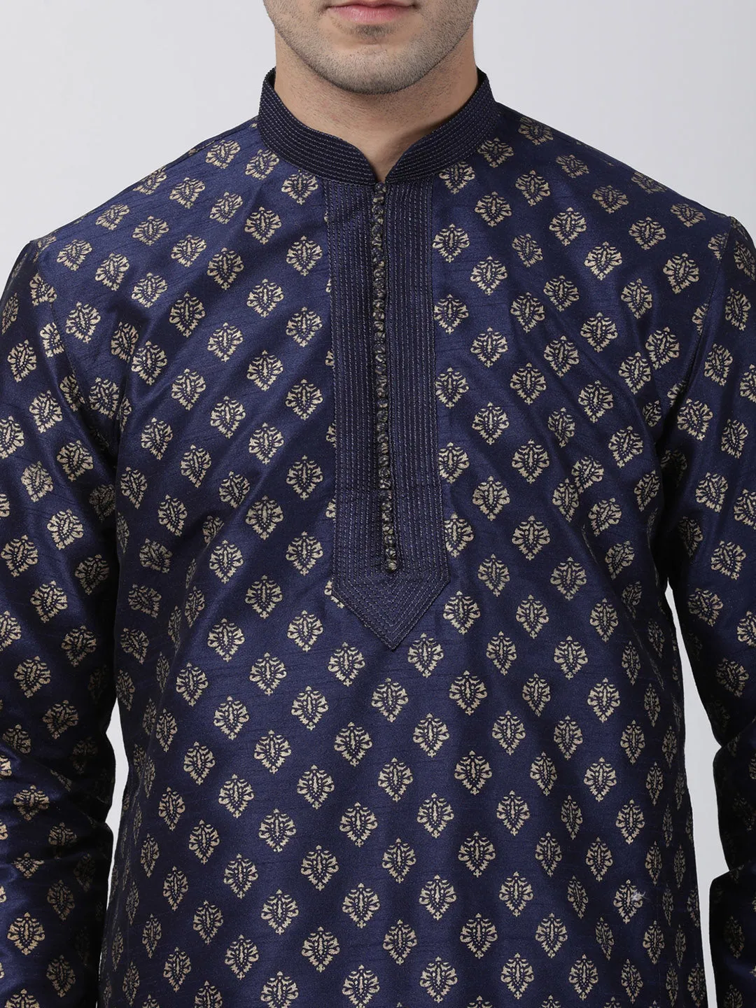 VASTRAMAY Men's Navy Blue Cotton Silk Blend Kurta and Churidar Set