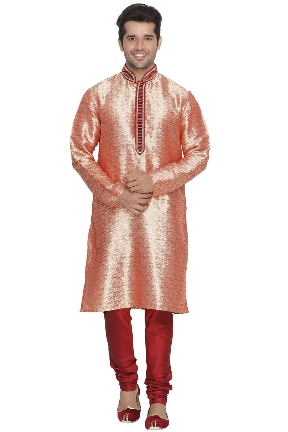 VASTRAMAY Men's Pink Cotton Silk Blend Kurta and Pyjama Set