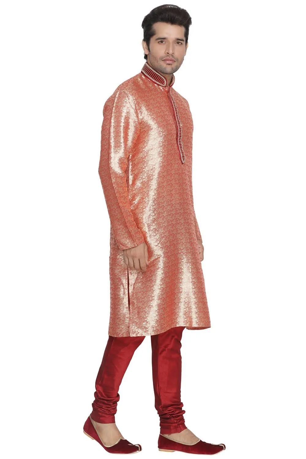 VASTRAMAY Men's Pink Cotton Silk Blend Kurta and Pyjama Set