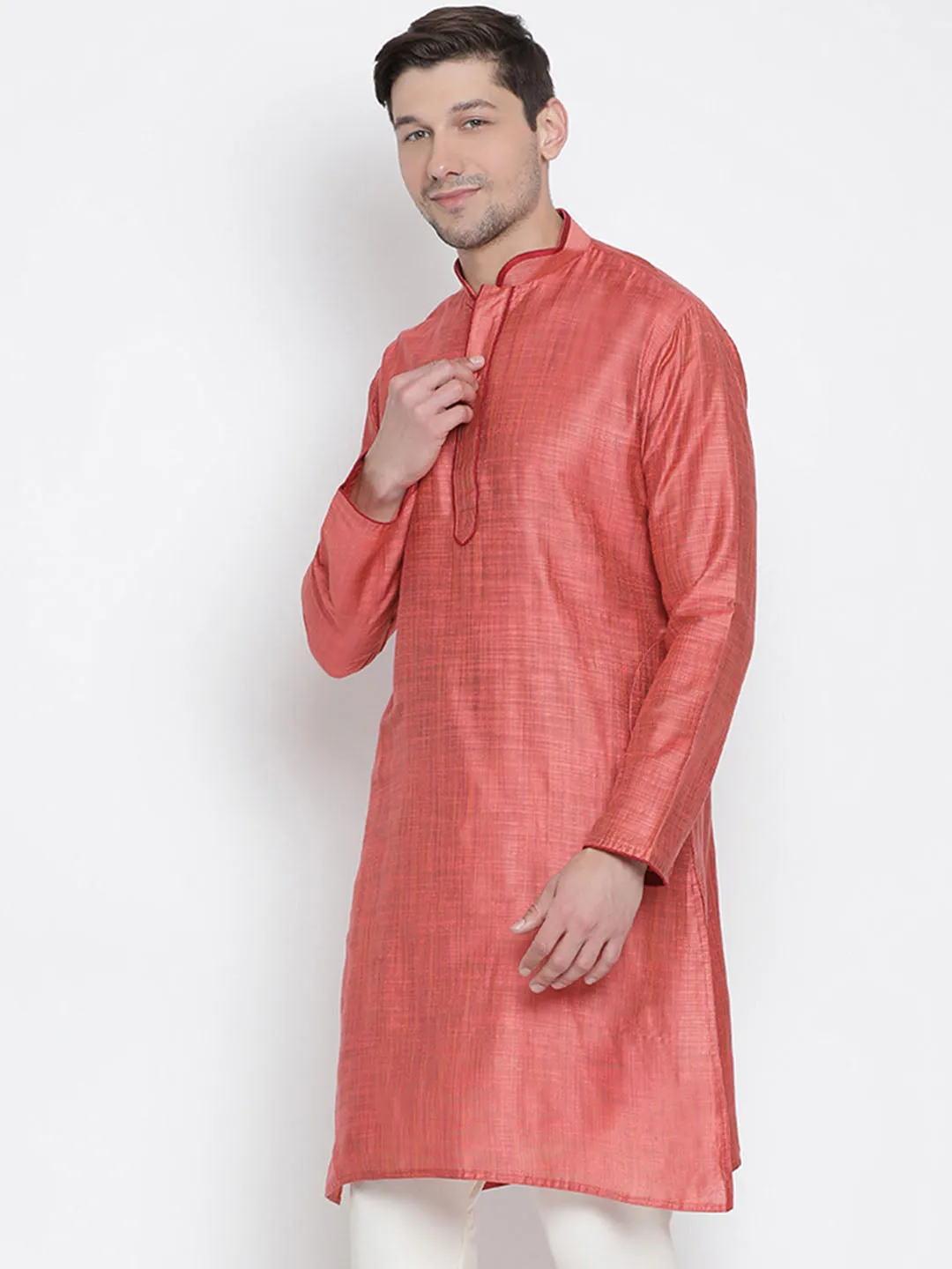 VASTRAMAY Men's Pink Cotton Silk Blend Kurta