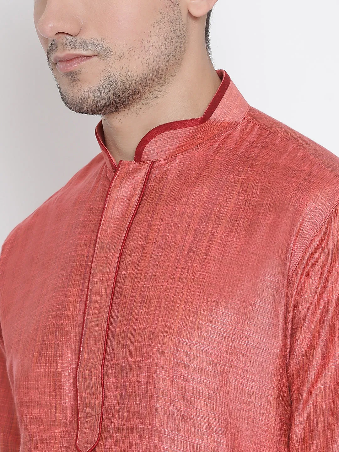 VASTRAMAY Men's Pink Cotton Silk Blend Kurta