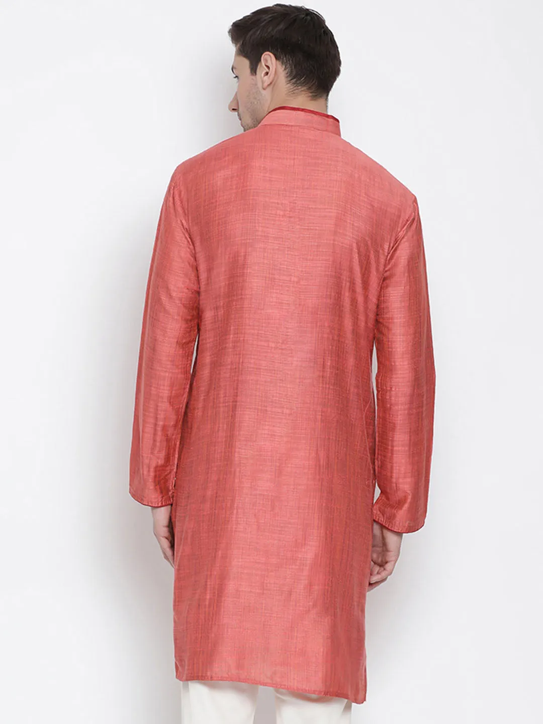 VASTRAMAY Men's Pink Cotton Silk Blend Kurta