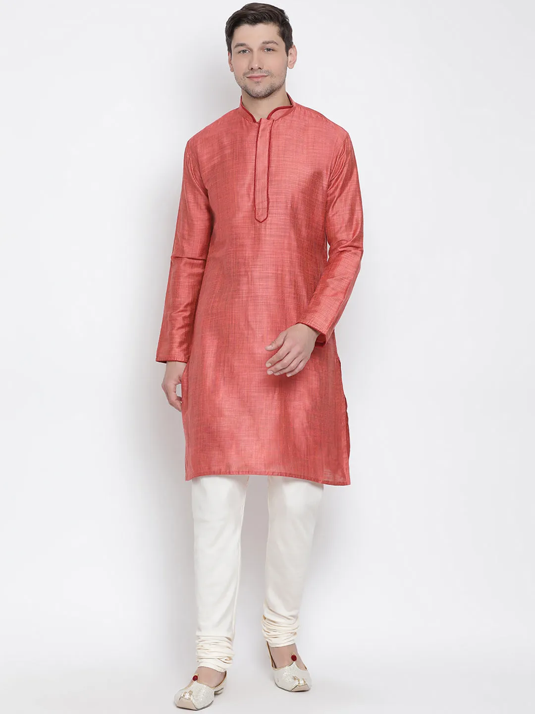 VASTRAMAY Men's Pink Cotton Silk Blend Kurta