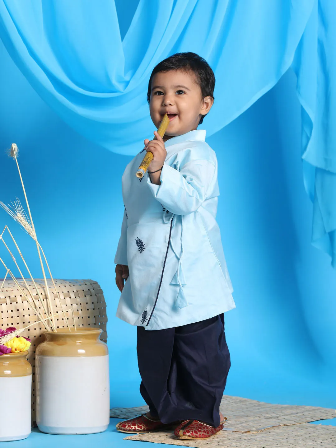 VASTRAMAY SISHU Boy's Aqua Blue Embroidered Angrakha Style Krishna Kurta and Navy Blue Dhoti Set