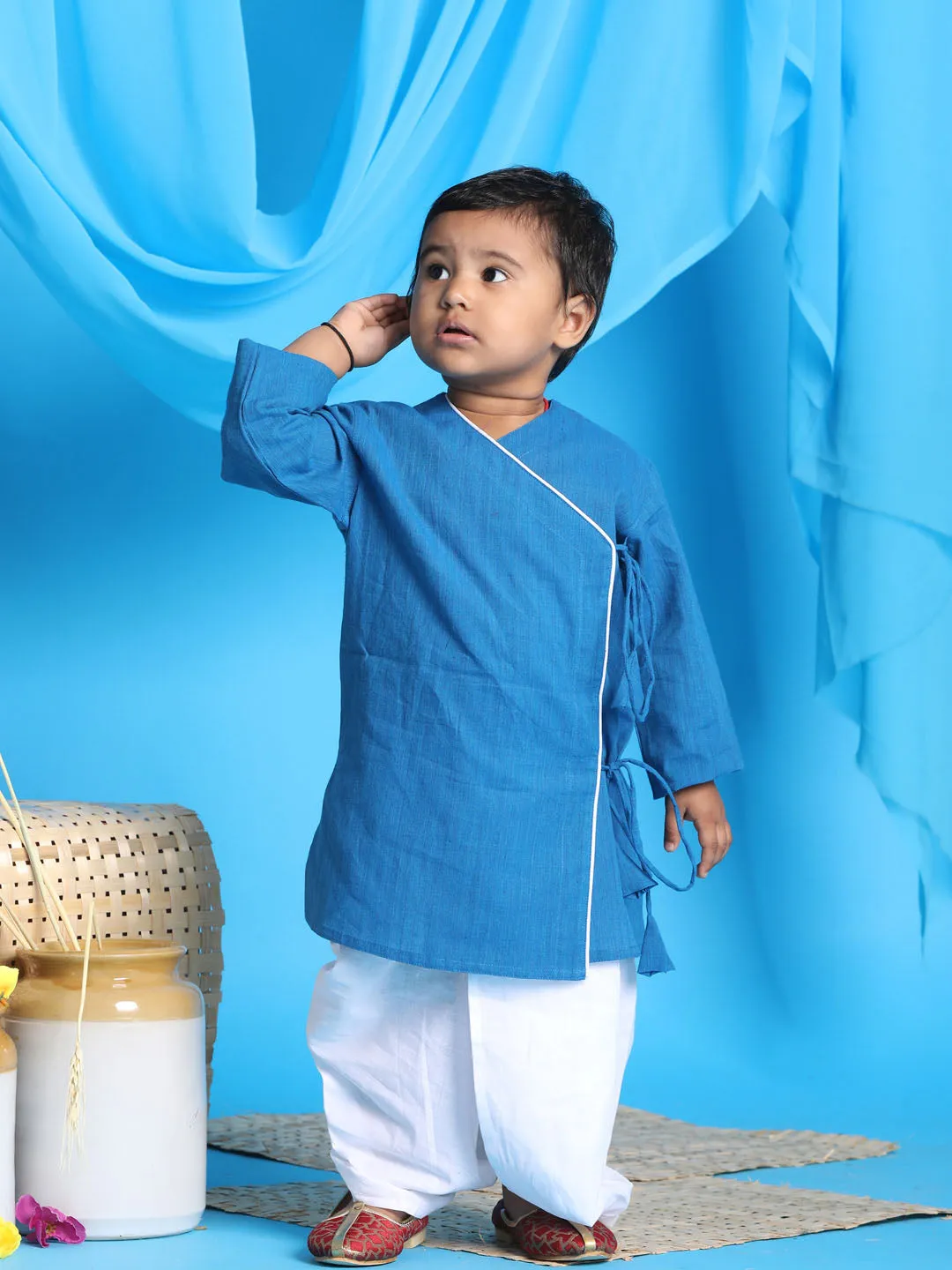 VASTRAMAY SISHU Boy's Blue Angrakha Style Krishna Kurta and White Dhoti Set