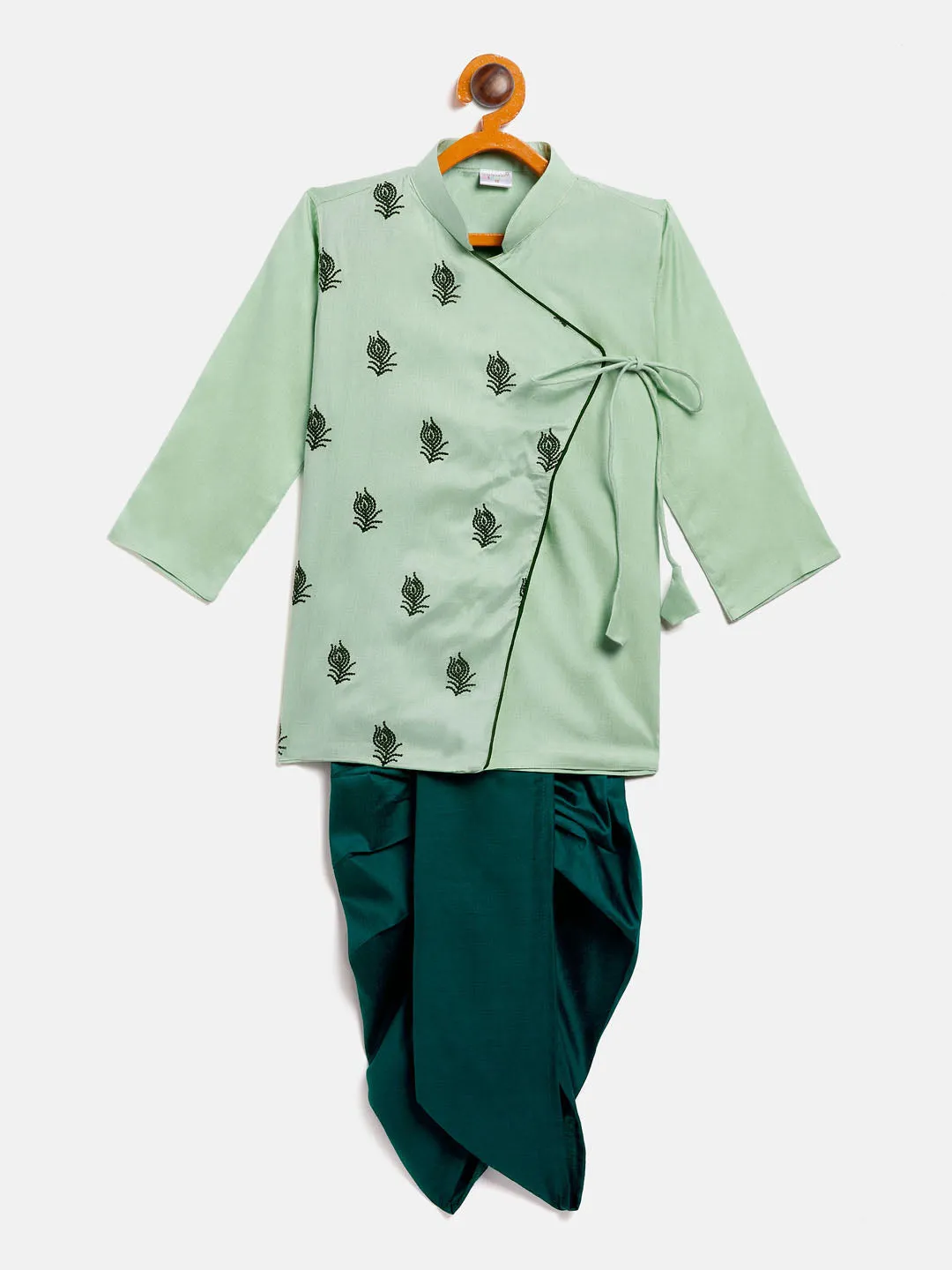 VASTRAMAY SISHU Boy's Green Embroidered Angrakha Style Krishna Kurta and Green Dhoti Set