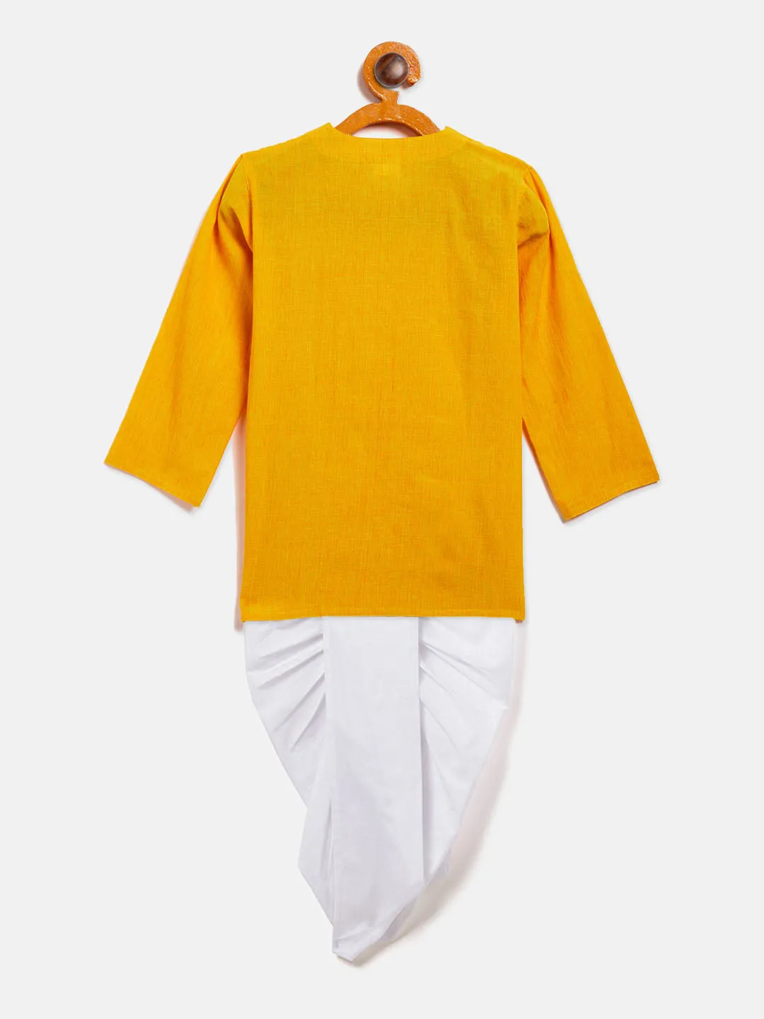 VASTRAMAY SISHU Boy's Mustard Angrakha Style Krishna Kurta and White Dhoti Set