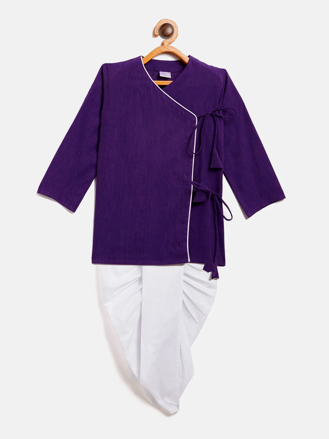 VASTRAMAY SISHU Boy's Purple Angrakha Style Krishna Kurta and White Dhoti Set