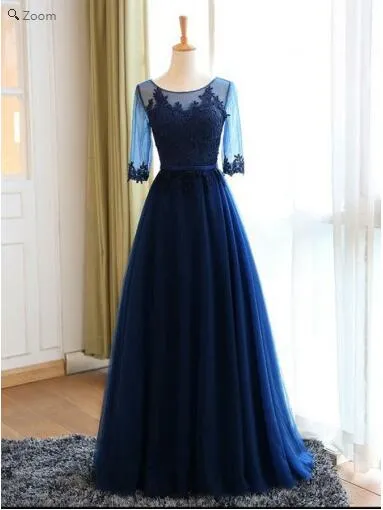 Vintage Navy Blue Jewel Neck Modest Blue Long Sleeve Prom Dress