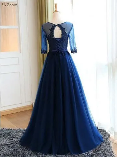 Vintage Navy Blue Jewel Neck Modest Blue Long Sleeve Prom Dress