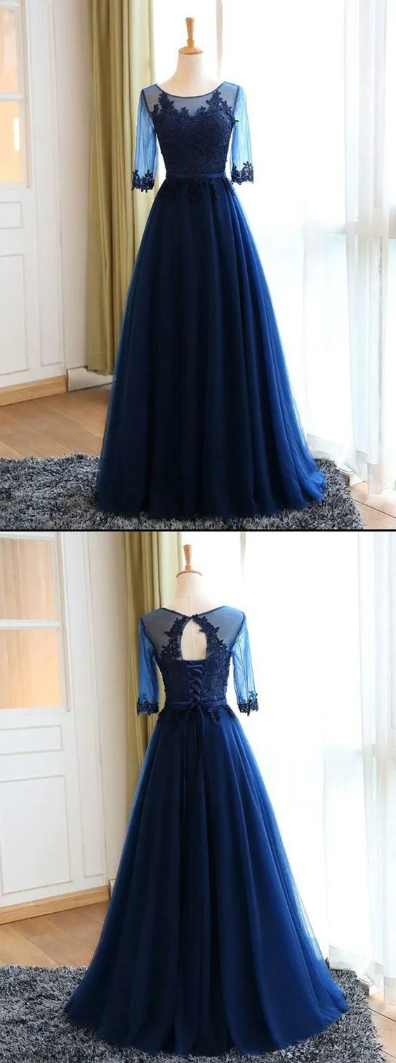 Vintage Navy Blue Jewel Neck Modest Blue Long Sleeve Prom Dress