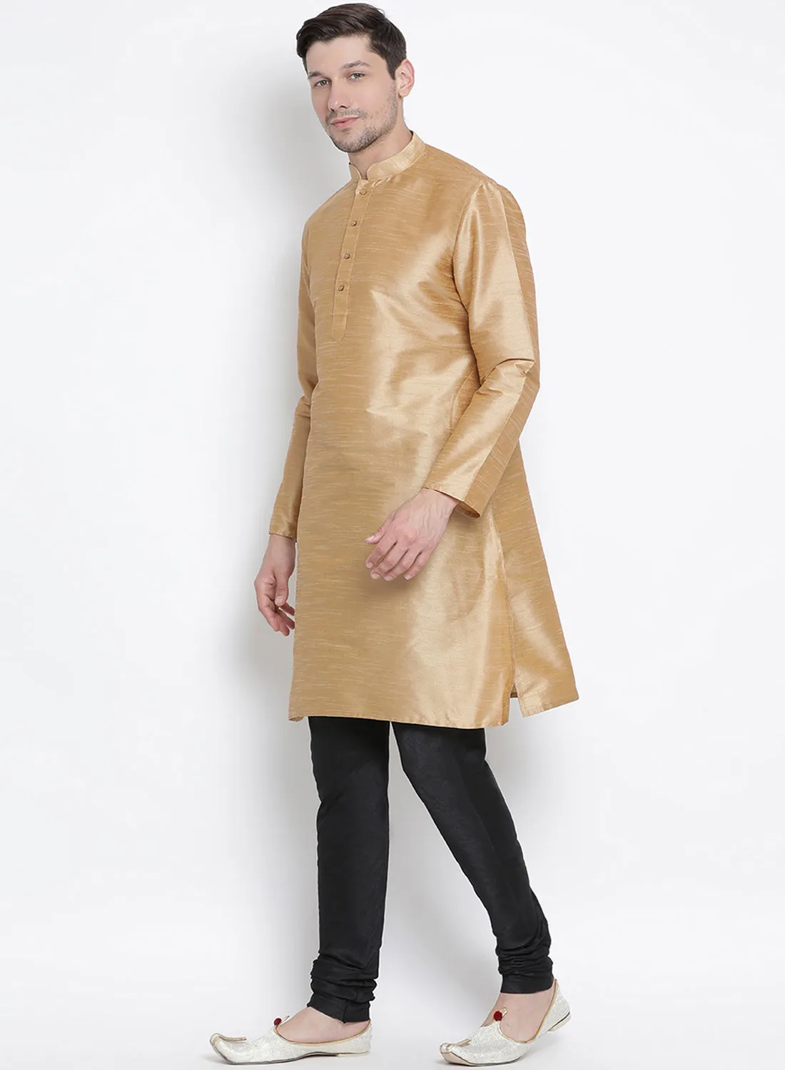 VM BY VASTRAMAY Men's Gold Cotton Silk Blend Kurta and Pyjama Set