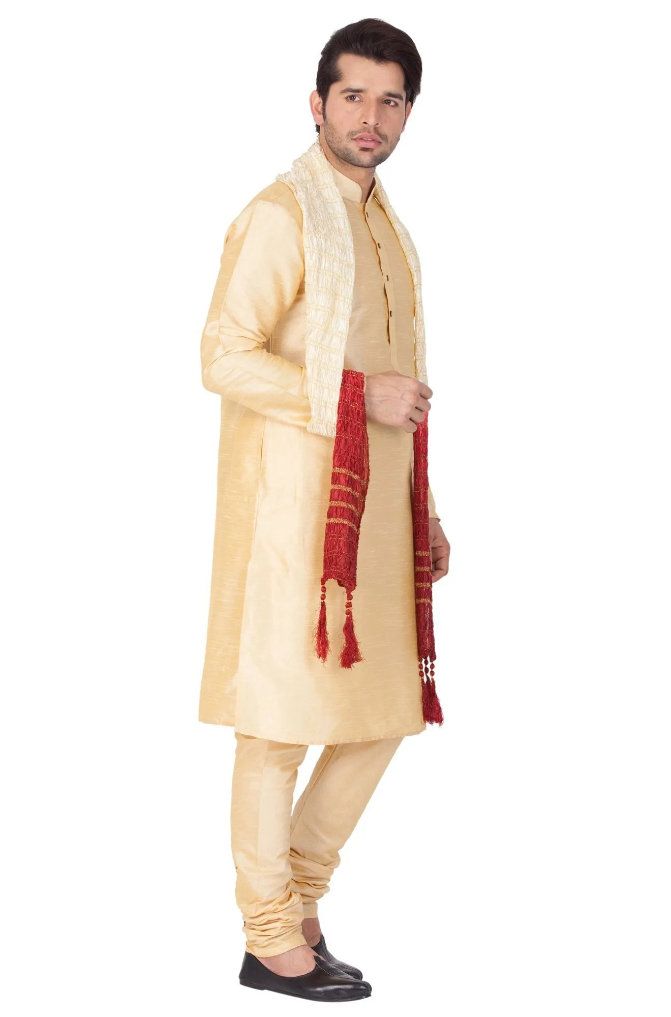 VM By VASTRAMAY Men's Gold Cotton Silk Blend Kurta, Pyjama & Dupatta Set