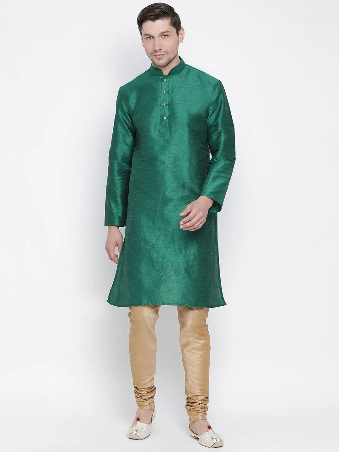 VM By VASTRAMAY Men's Green Cotton Silk Blend Kurta and Pyjama Set