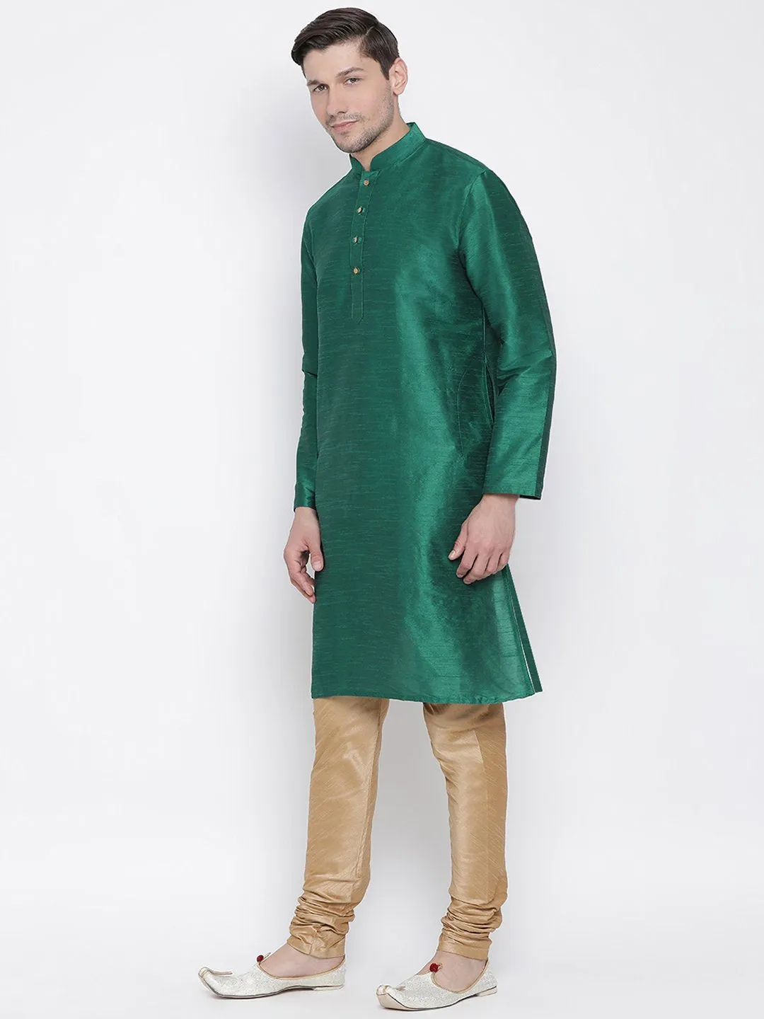 VM By VASTRAMAY Men's Green Cotton Silk Blend Kurta and Pyjama Set