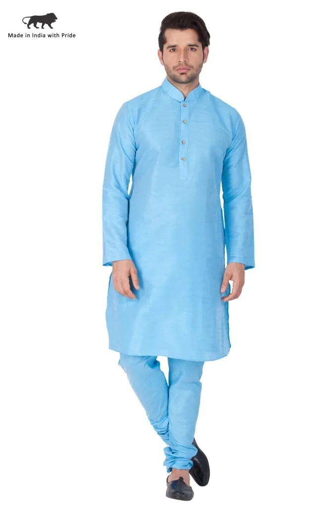 VM BY VASTRAMAY Men's Light Blue Cotton Silk Blend Kurta and Pyjama Set