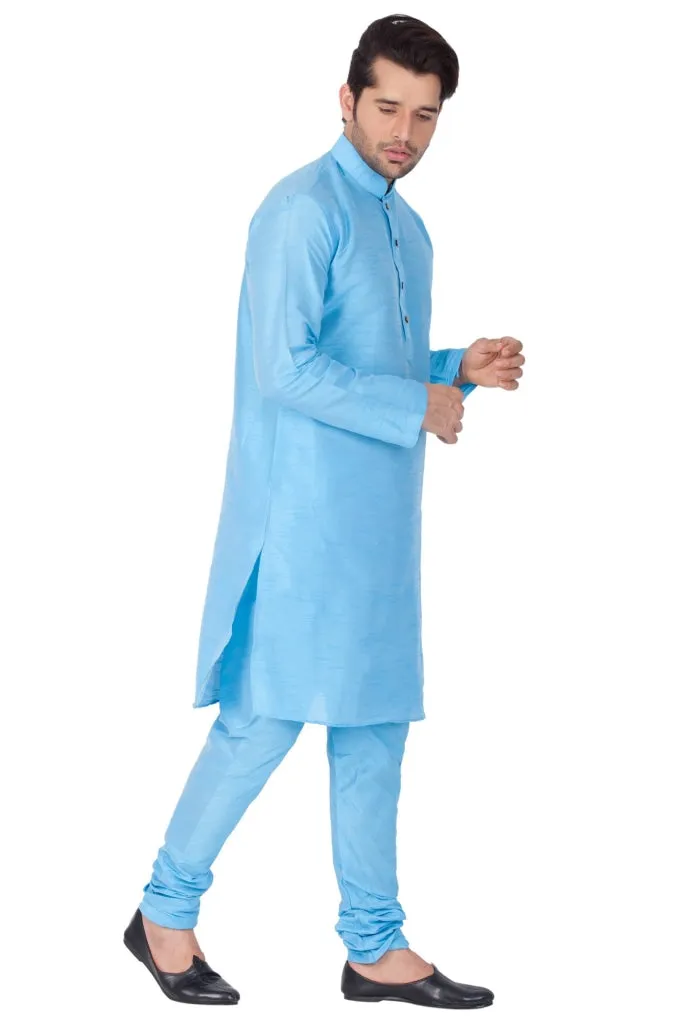 VM BY VASTRAMAY Men's Light Blue Cotton Silk Blend Kurta and Pyjama Set