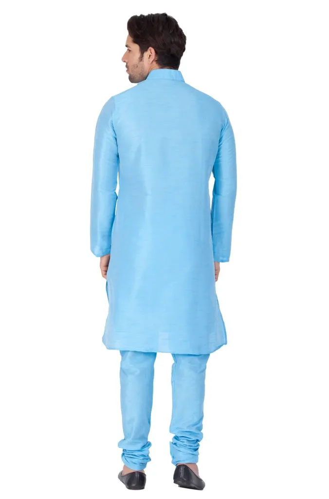 VM BY VASTRAMAY Men's Light Blue Cotton Silk Blend Kurta and Pyjama Set