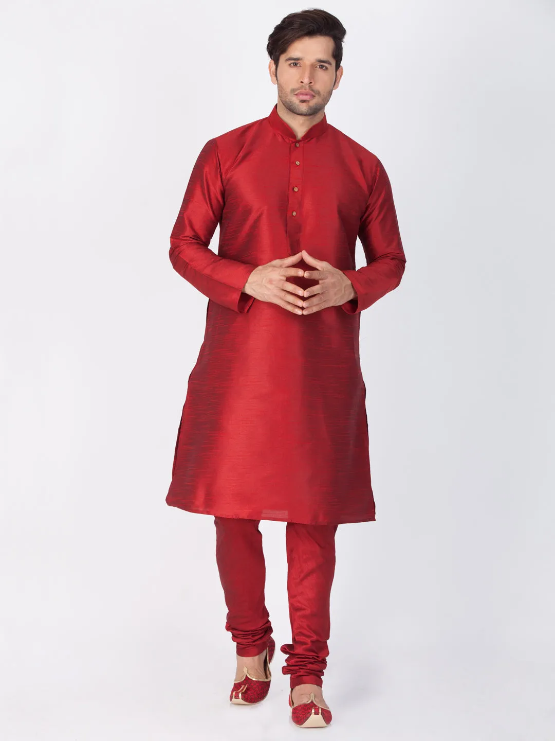 VM BY VASTRAMAY Men's Maroon Cotton Silk Blend Kurta and Pyjama Set