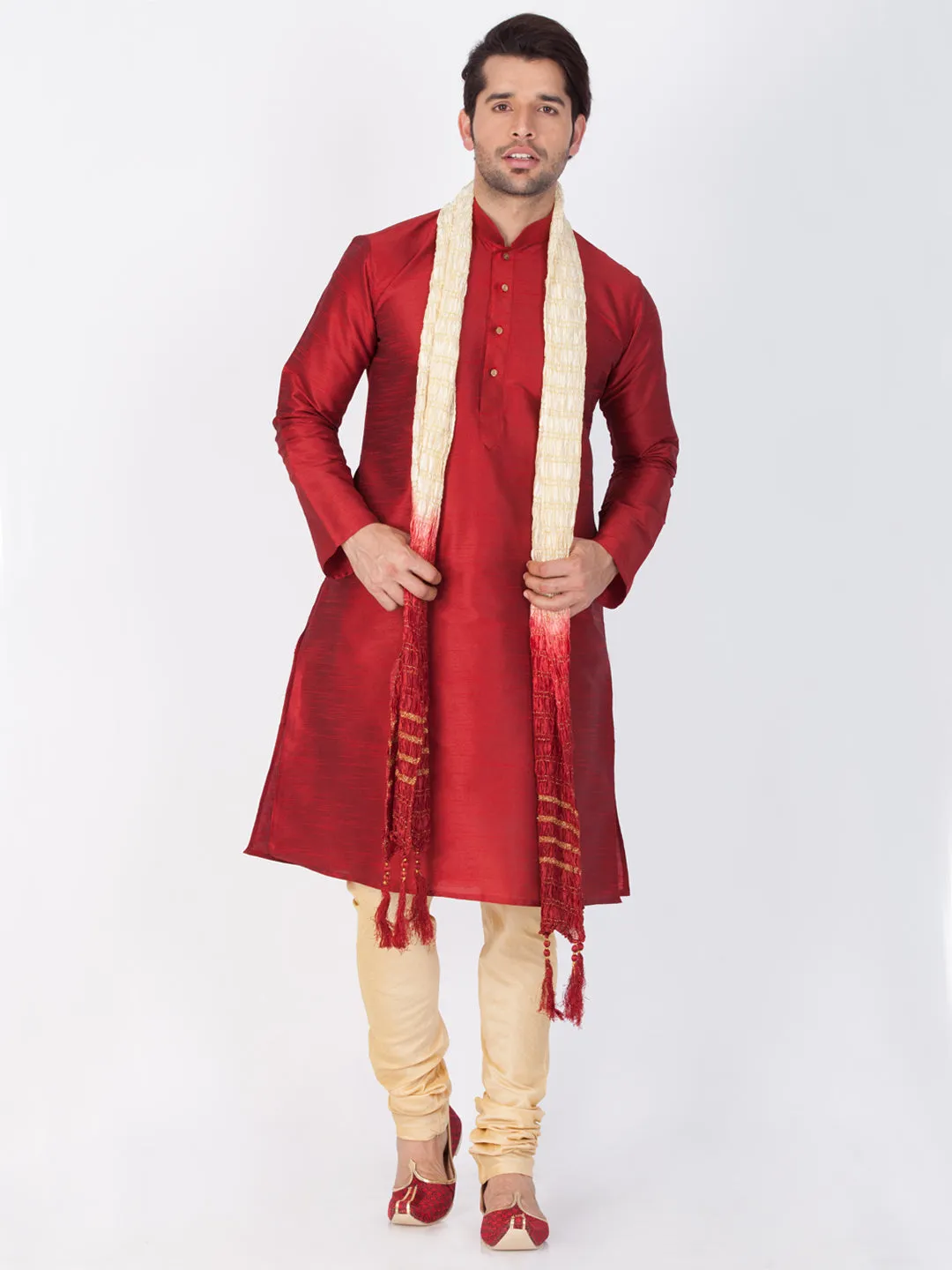 VM By VASTRAMAY Men's Maroon Cotton Silk Blend Kurta, Pyjama & Dupatta Set