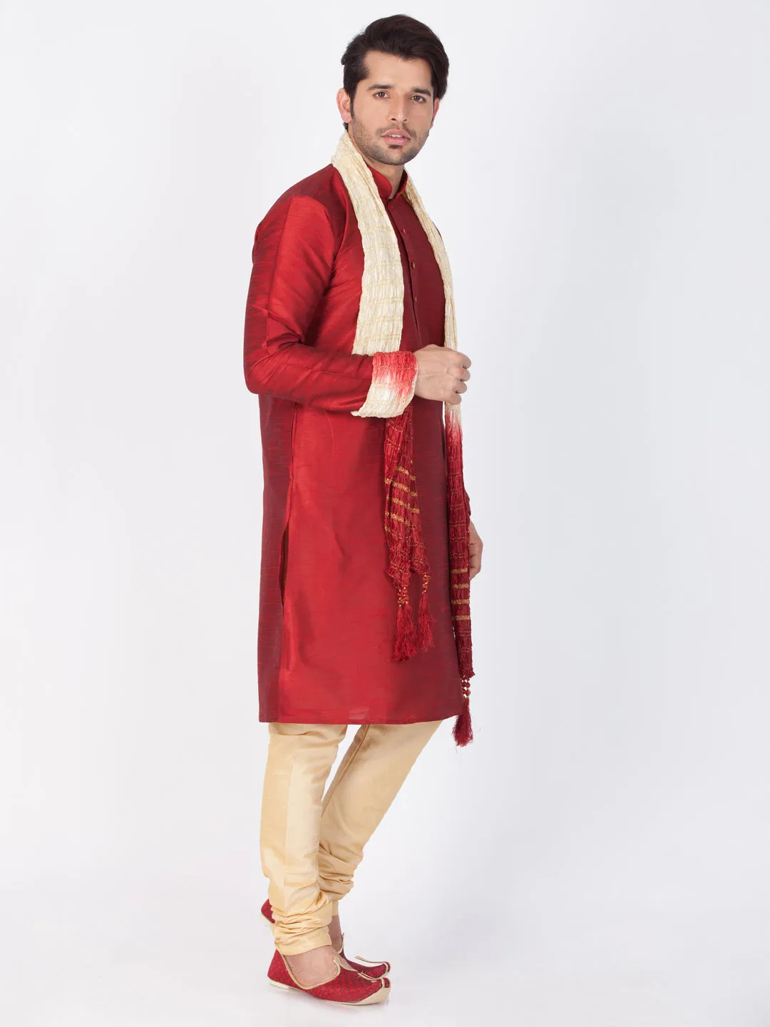 VM By VASTRAMAY Men's Maroon Cotton Silk Blend Kurta, Pyjama & Dupatta Set