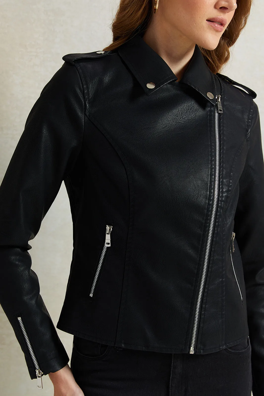 Women Black Jacket With Zipper