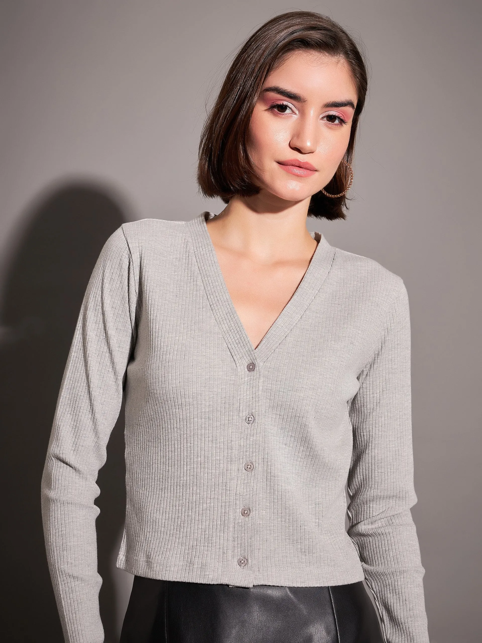 Women Grey Rib Front Open Cardigan Top