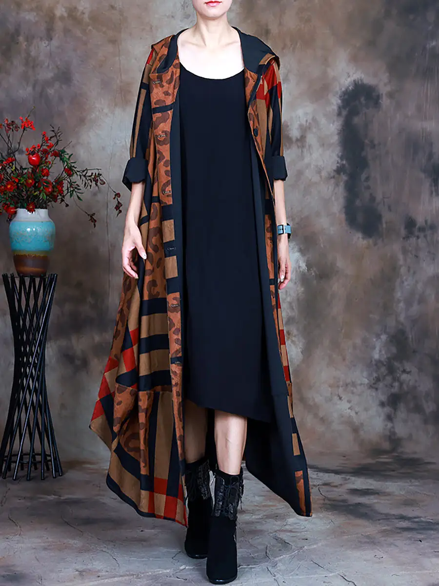 Women Hooded Irregular Print Coat