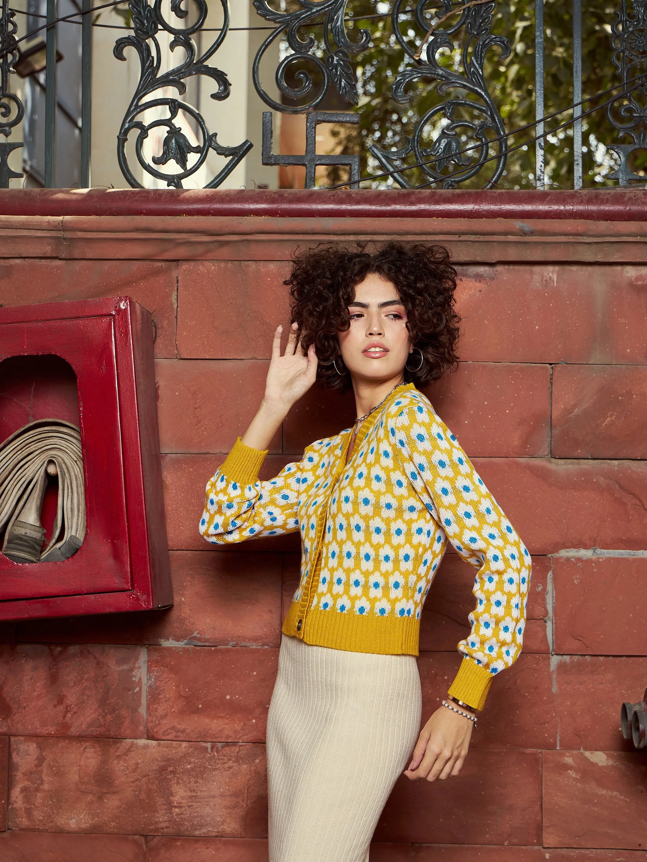 Women Mustard Floral Front Open Wool Cardigan