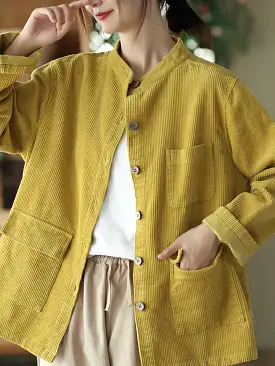 Women Solid Vintage Cotton Corduroy Coat