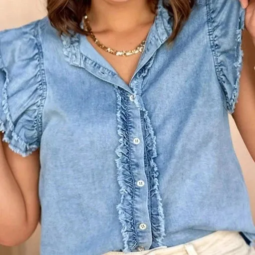 Women's Denim Ruffled Sleeveless Blouse in Light Wash (Available in Regular & Plus Sizes)