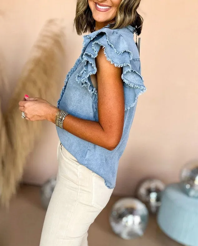 Women's Denim Ruffled Sleeveless Blouse in Light Wash (Available in Regular & Plus Sizes)