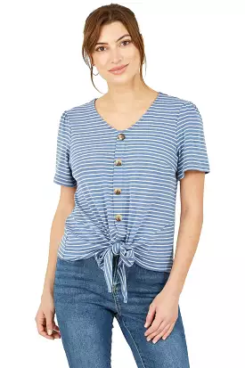 Yumi Blue Striped Jersey Button Detail Top